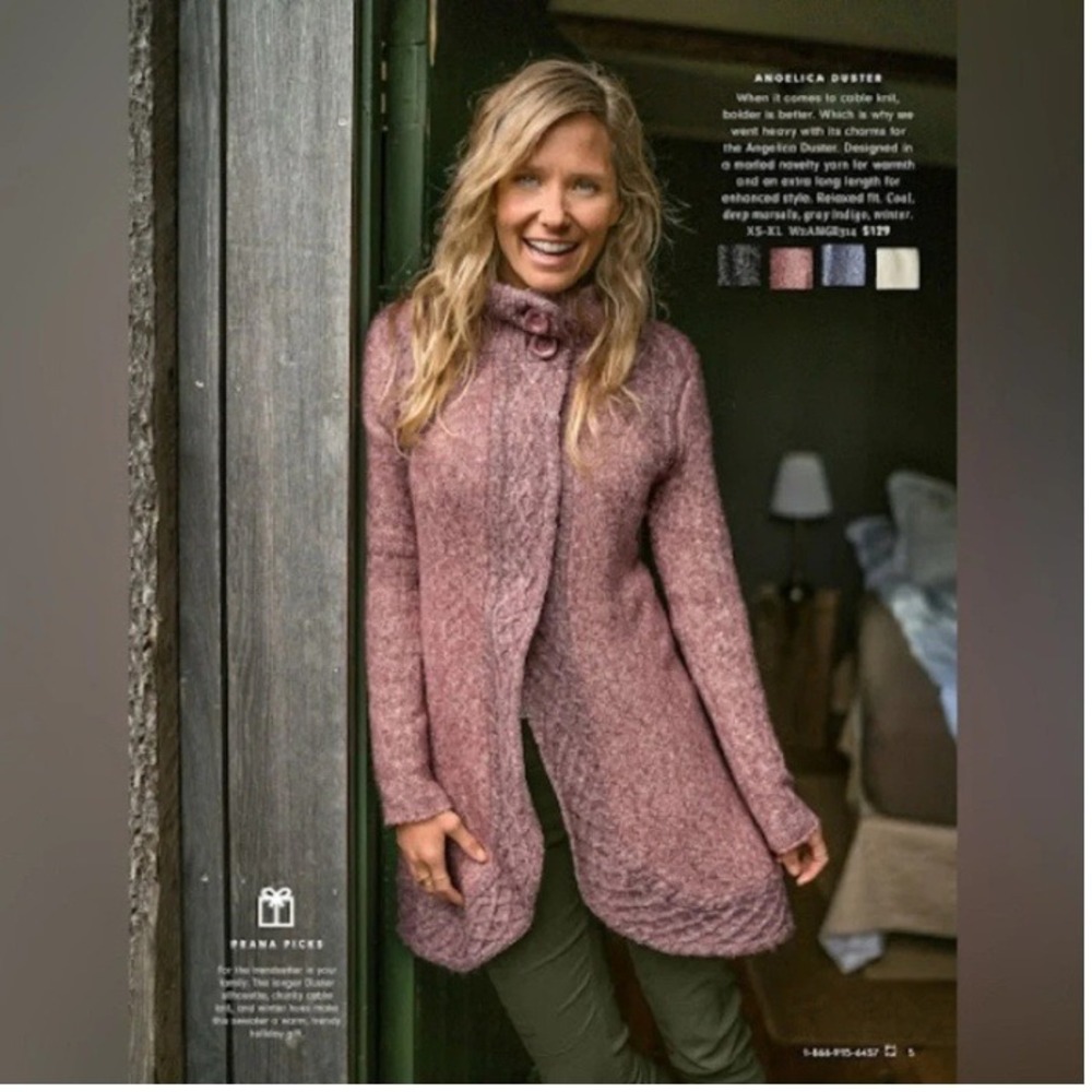 prAna Angelica Duster Cardigan Sweater Large Mauve Pink Wool Mohair Blend Snap